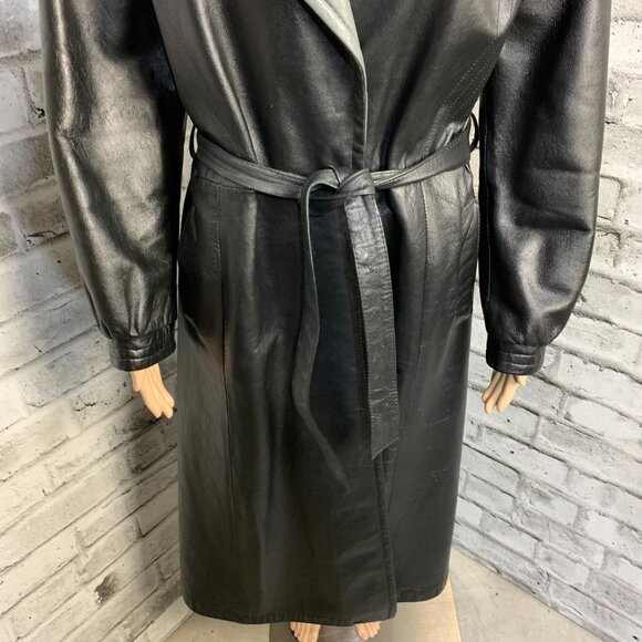 Vintage 70s Leather Maxi Trench Coat Small Black Belted Retro Long Overcoat - Picture 4 of 16